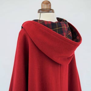 Red Tartan Lined Cape Coat, Wool Hooded Cloak, Red Wool Poncho Jacket image 8