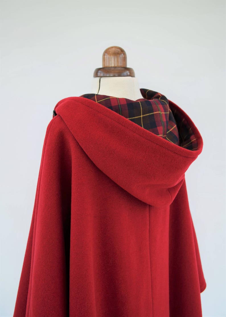 Red Tartan Lined Cape Coat, Wool Hooded Cloak, Red Wool Poncho Jacket image 8