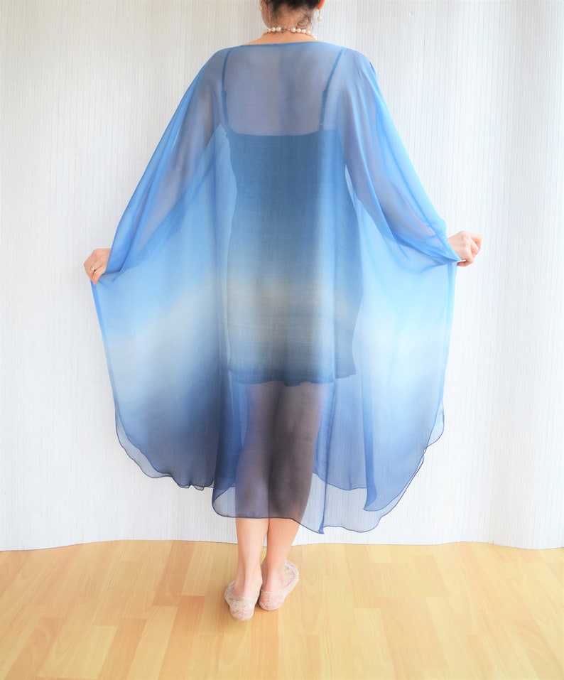 Blue Silk Kaftan, Silk Chiffon Kaftan, Blue Ombre Dress, Sheer Beach Cover up, Silk Caftan, Plus Size Cover Up image 4