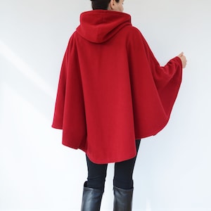 Red Tartan Lined Cape Coat, Wool Hooded Cloak, Red Wool Poncho Jacket image 9