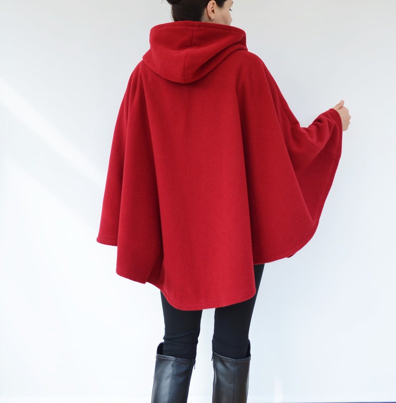 Red Tartan Lined Cape Coat, Wool Hooded Cloak, Red Wool Poncho Jacket image 9