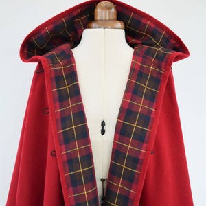 Red Tartan Lined Cape Coat, Wool Hooded Cloak, Red Wool Poncho Jacket image 5