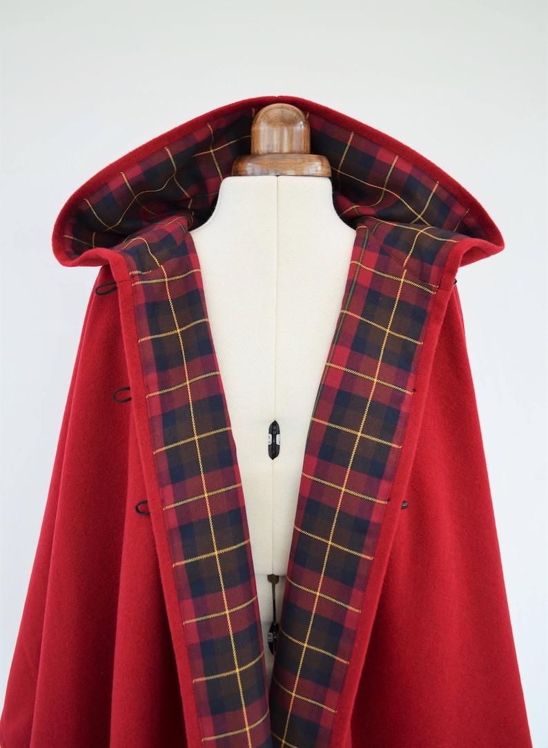 Red Tartan Lined Cape Coat, Wool Hooded Cloak, Red Wool Poncho Jacket image 5