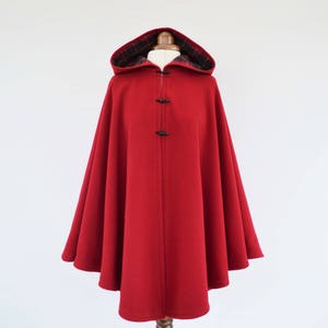 Red Tartan Lined Cape Coat, Wool Hooded Cloak, Red Wool Poncho Jacket image 4