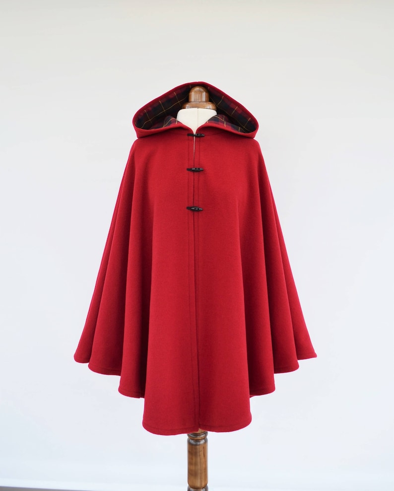 Red Tartan Lined Cape Coat, Wool Hooded Cloak, Red Wool Poncho Jacket image 4