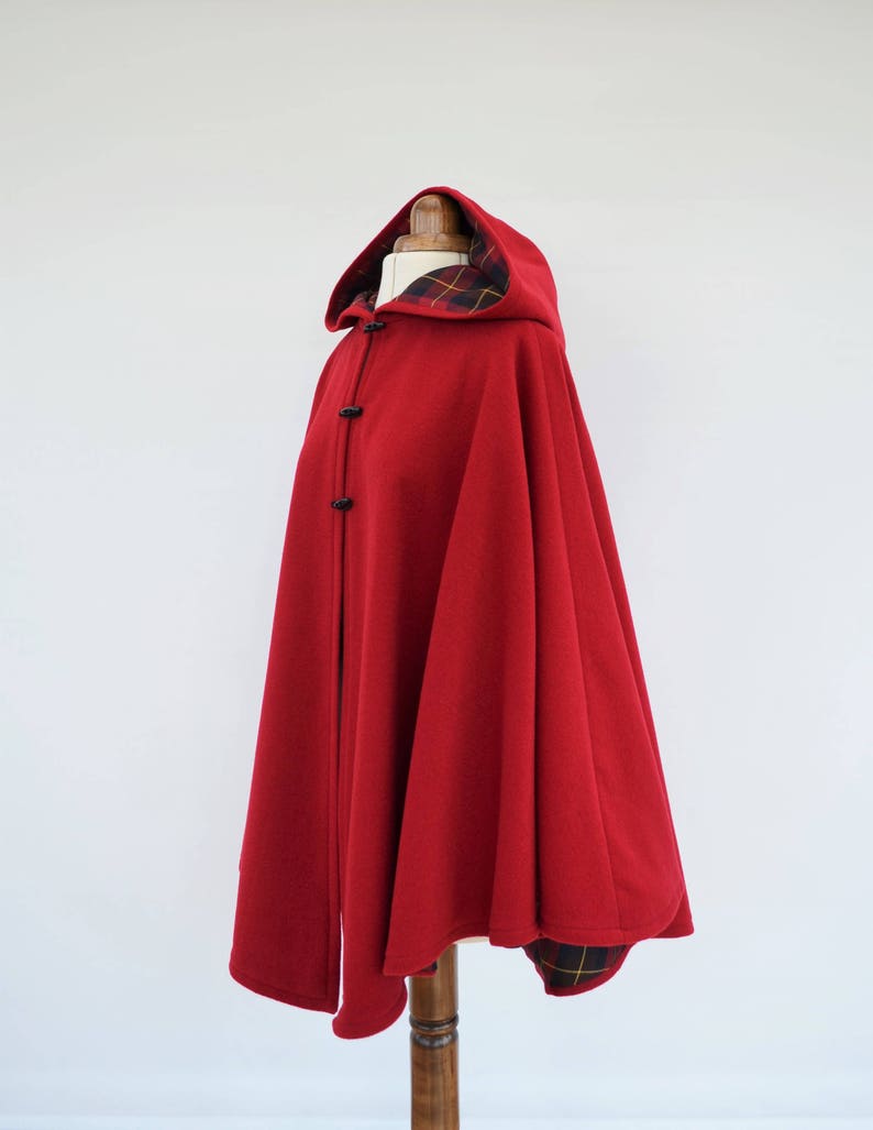 Red Tartan Lined Cape Coat, Wool Hooded Cloak, Red Wool Poncho Jacket image 3