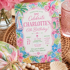 Tropical Floral Birthday Invitation | Lilly Inspired Palm Beach Party Template (Digital Download)
