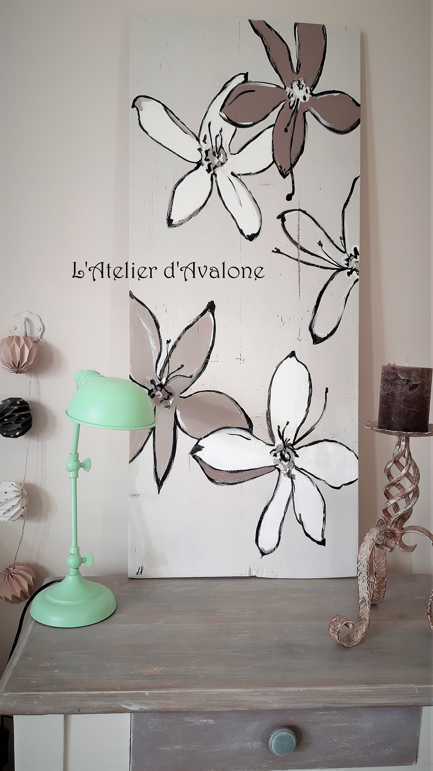 Peinture Acrylique Fleurs Exotiques sur Support en Bois Pour Décoration Murale