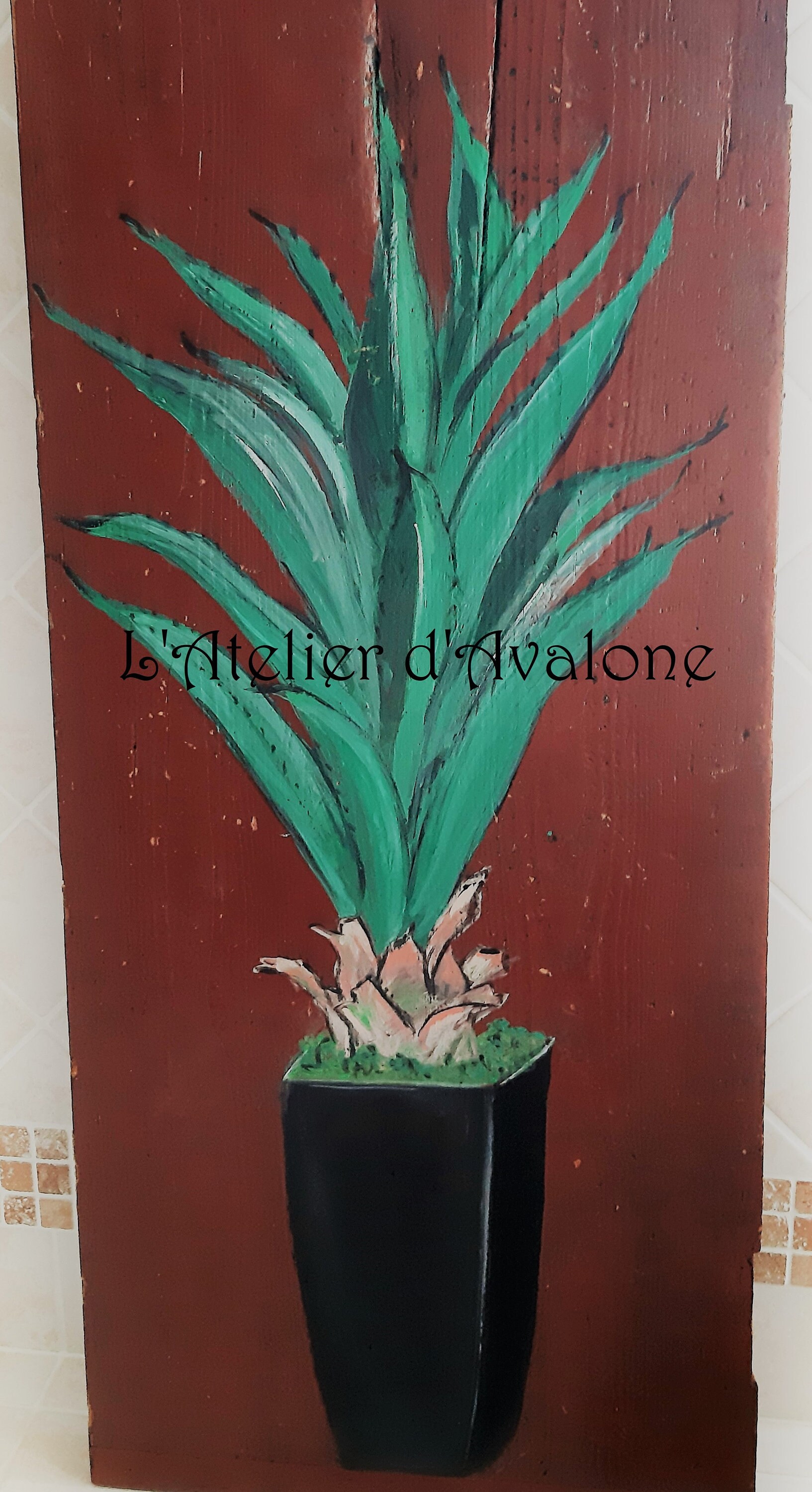 Peinture Acrylique Plante Exotique sur Support en Bois Vintage Pour Décoration Murale