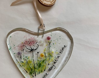 Glass Heart Decoration, with wild flowers and quote