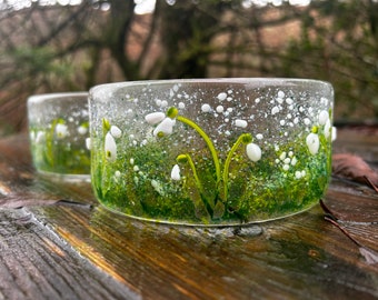 Fused glass snowdrop curved sculpture. Candle holder/tea light sconce