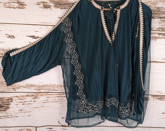 Sexy Oversize L Vintage Free People Teal y Beige Bordado Boho Campesino Top Chic Shabby Chic Camiseta Top con Red y Bordado...