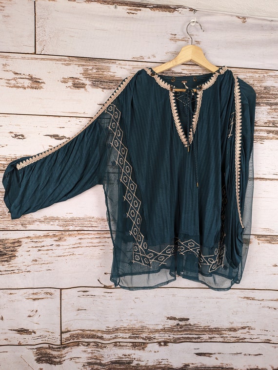Sexy Oversize L Vintage Free People Teal & Beige Embroidered Boho Peasant  Top Chic Shabby Chic T-shirt Top With Netting and Embroidery... - Etsy UK