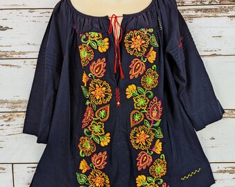 Gorgeous Heavily Embroidered Navy Blouse Tunic... Oversize Boho Flowy Peasant top Loose Fit Linen Cotton Shirt...