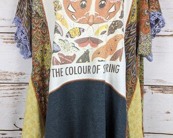 Fabulous Oversize 1x-3x Upcycled Talk Talk Tee T-Shirt Gorgeous Butterflies & Moths Vintage Lace Boho Chic Tunic Top Recycled Clothing...