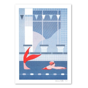 Risograph art print The Swimmer A4 limited edition blue