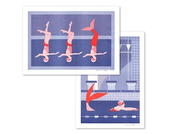 Risograph prints - Set of 2 A4 art prints - The Ballet and The Swimmer
