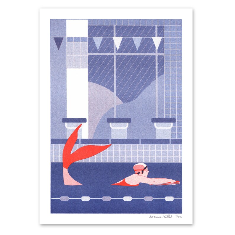 Risograph art print The Swimmer A4 limited edition deep blue