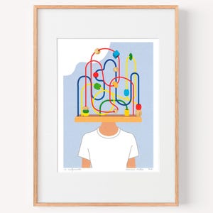 Peut inclure: Une affiche encadrée représentant une personne avec une étagère en bois à la place de la tête, supportant un labyrinthe de perles coloré. Le labyrinthe a des éléments rouges, jaunes, bleus et verts. Le fond est bleu clair.