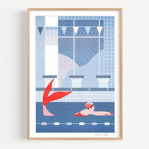 Risograph art print The Swimmer A4 limited edition image 1