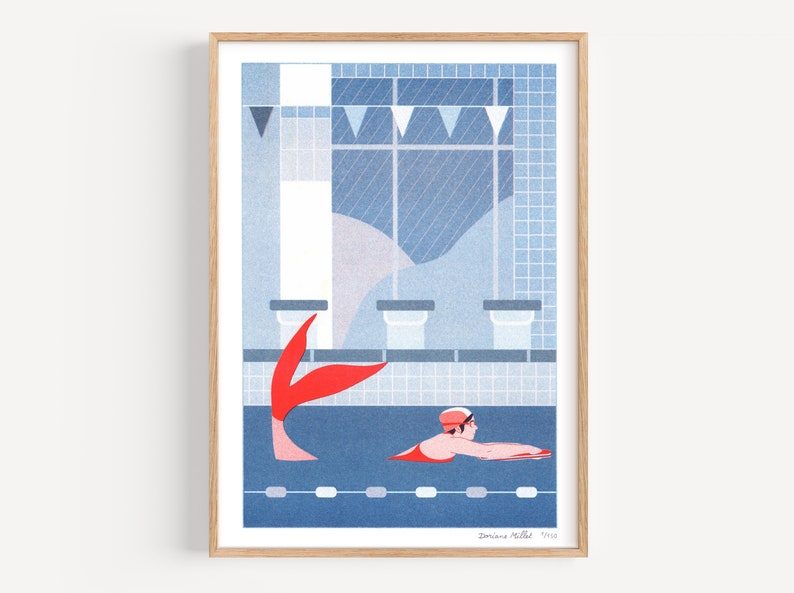 Risograph art print The Swimmer A4 limited edition image 1