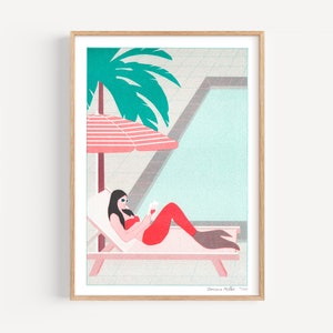 Risograph wall art - Swimming pool Mermaid - A4 limited edition print