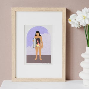 May include: A framed illustration of a person with flames inside their chest. The person is standing in front of a purple and white background. The text "Don't you know I'm a fire?" is written at the bottom of the illustration.