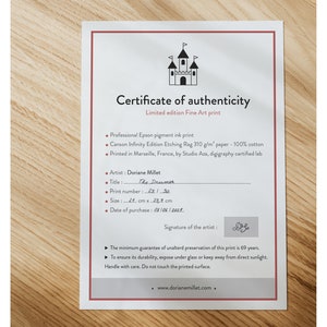 May include: A certificate of authenticity for a limited edition fine art print of "The Dreamer" by artist Doriane Millet. The certificate is printed on Canson Infinity Edition Etching Rag paper and includes the artist's signature.