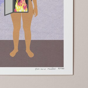 May include: A print of a woman standing in front of a doorway with flames behind her. The print is signed "Doriane Millet" and numbered "7/100".