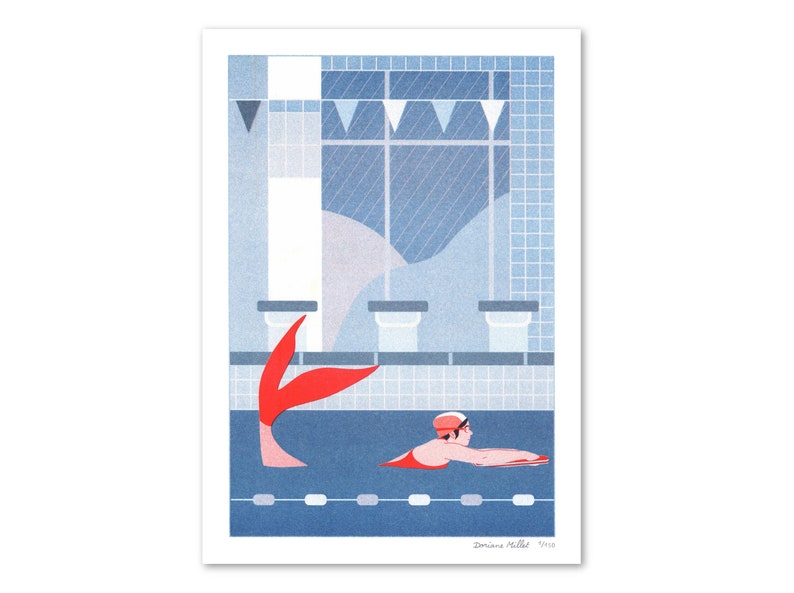 Risograph art print The Swimmer A4 limited edition blue