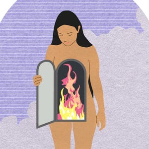 May include: A woman stands with her back to the viewer, holding open a door revealing a fiery inferno inside her torso. The flames are yellow, orange, and pink.