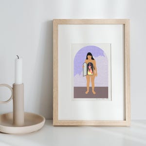 May include: A digital illustration of a person standing in front of a purple and blue background. The person is holding open a door that reveals flames inside their body. The text "Desire Walks Here" is at the bottom of the image.