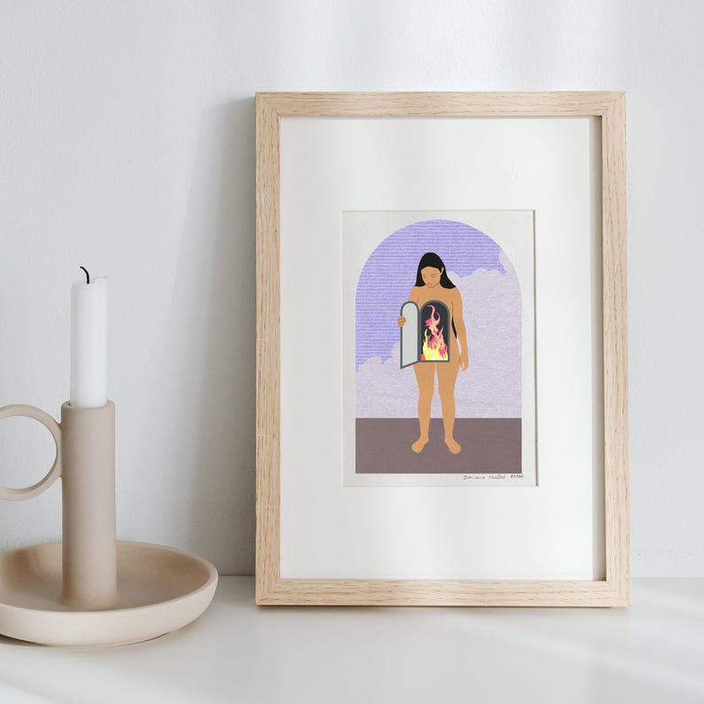 May include: A digital illustration of a person standing in front of a purple and blue background. The person is holding open a door that reveals flames inside their body. The text "Desire Walks Here" is at the bottom of the image.