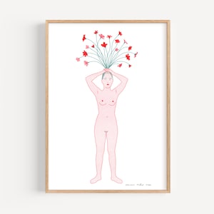 May include: A line drawing of a person with red flowers on their head. The person is nude and has their arms raised above their head, holding the flowers. The background is white.
