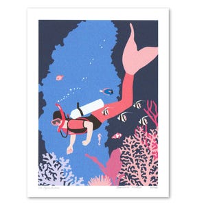 May include: Illustration of a diver with a mermaid tail swimming underwater. The diver wears a red vest and mask, with a white tank. The scene includes coral, fish, and a blue and dark blue background.