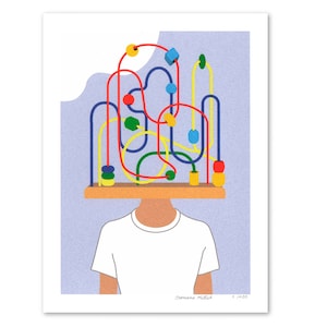 May include: A colorful wooden toy with a maze of tracks and beads. The toy is placed on top of a person's head, with only the person's torso and arms visible. The background is a light purple color.