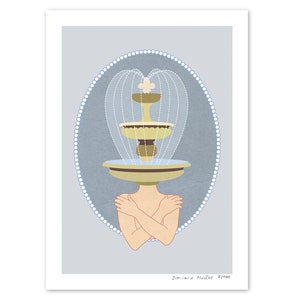 May include: A digital illustration of a woman with a fountain on her head. The fountain is a three-tiered structure with water cascading down. The woman's arms are crossed in front of her chest. The background is a light blue color.