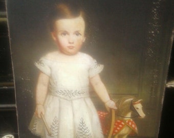 Handmade Antique Reproduction Primitive Folk Art Colonial Girl with Toy Horse and Hoop Print on Canvas Board 5x7 "