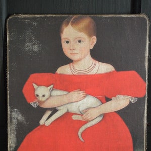 Handmade Antique Reproduction Primitive Folk Art Colonial Girl in Red Dress with Cat Print on Canvas Board 5x7&quot; or 8x10&quot;