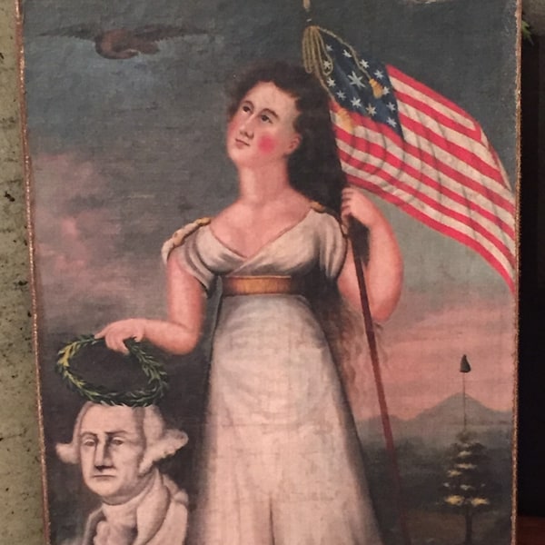 Handmade Antique Reproduction Primitive Folk Art Lady Liberty American Flag Patriotic Print on Canvas Board 5x7" or 8x10"