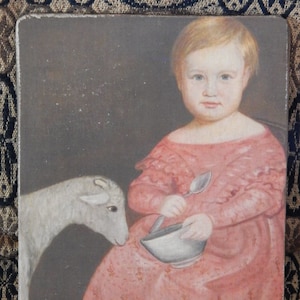 Handmade Antique Reproduction Primitive Folk Art Colonial Girl with a Lamb Sheep Print on Canvas Board 5x7" or 8x10"