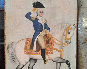 Handmade Antique Repro President George Washington on White Horse Primitive Folk Art Colonial Patriotic Print on Canvas Board 5x7" or 8x10"