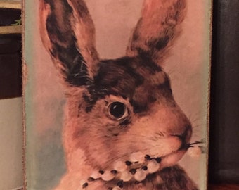 Handmade Primitive Antique Reproduction Folk Art Easter Spring Bunny Rabbit with Willow Branch Vintage Print on Canvas 5x7"