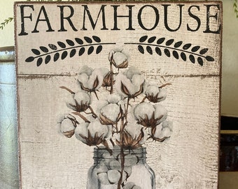 Handmade Cotton Blossom Jar Farmhouse Sign Primitive Folk Art Print on Canvas Board 5x7" or 8x10"