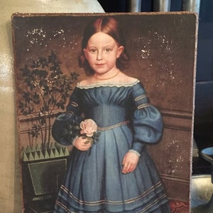 Handmade Antique Reproduction Primitive Antique Reproduction  Colonial Girl in Blue Dress Holding a Rose Print on Canvas Board 5x7" or 8x10"