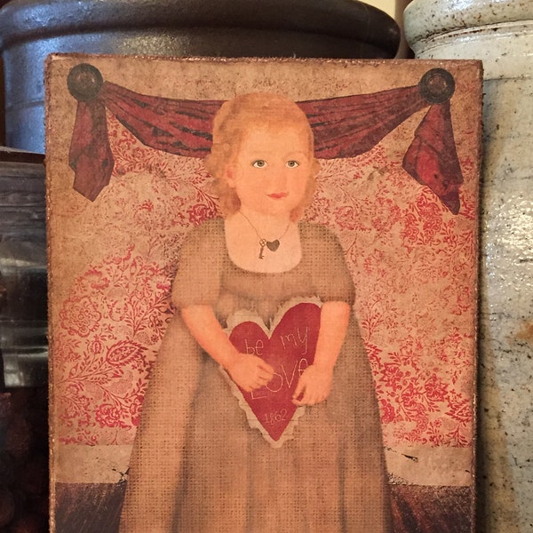 Handmade Primitive Folk Art Valentines Day Girl with Heart Valentine wearing Plain Feedsack Dress Print on Canvas 5x7" or 8x10"