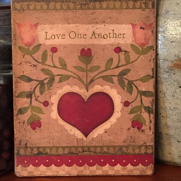 Handmade Primitive Folk Art Valentines Day Love One Another Heart and Flowers Print on Canvas Board 5x7" or 8x10"