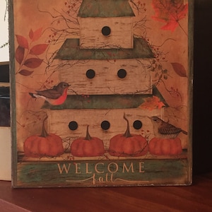 Handmade Primitive Folk Art Farmhouse Welcome Fall Birdhouse, Leaves, Pumpkins, Birds Autumn Print on Canvas Board 8x10&quot;