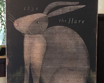 Handmade Primitive Folk Art 1834 Gray Hare Rabbit Bunny Print on Canvas Board 5x7" or 8x10"