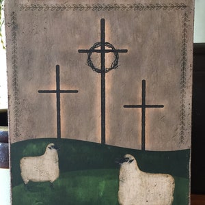 Handmade Primitive Folk Art Easter Spring Religious Christian Cross and Sheep Print on Canvas Board 5x7" or 8x10"